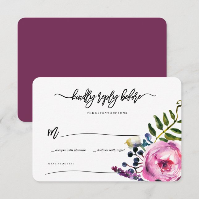 Pretty Purple Watercolor Flowers RSVP Invitation (Front/Back)
