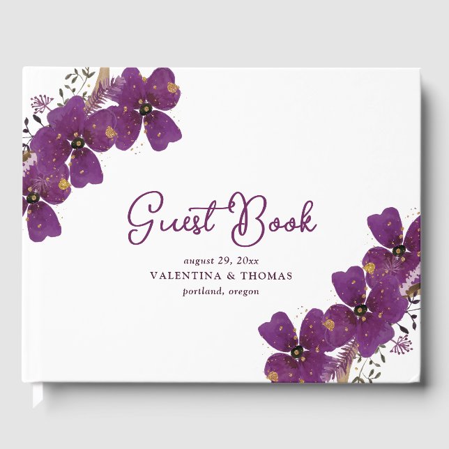 Pretty Purple Watercolor Flowers Wedding Guest Book (Front)