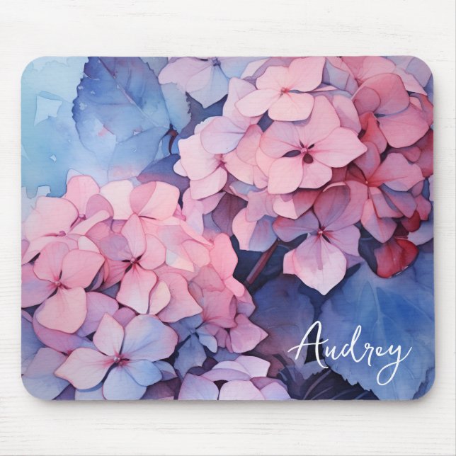Pretty Purple Watercolor Hydrangea Name Template Mouse Mat (Front)