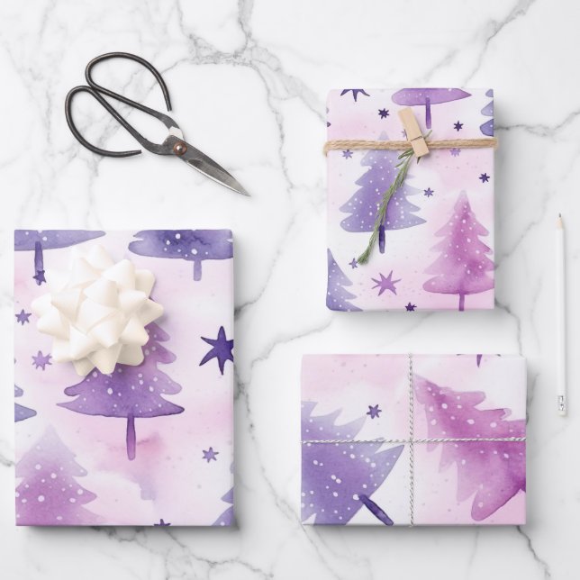 Pretty Purple Watercolour Tree Pattern Wrapping Paper Sheet (Front)