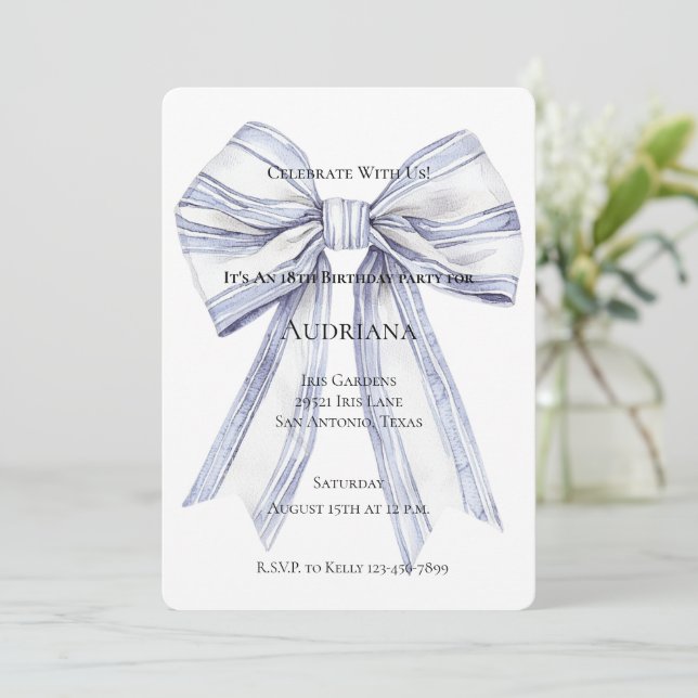 Pretty Purple White Bow Birthday  Invitation (Standing Front)