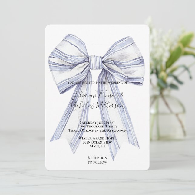 Pretty Purple White Bow Wedding Invitation (Standing Front)