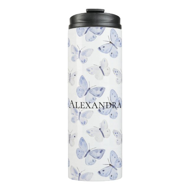 Pretty Purple White Butterflies Birthday Thermal Tumbler (Front)