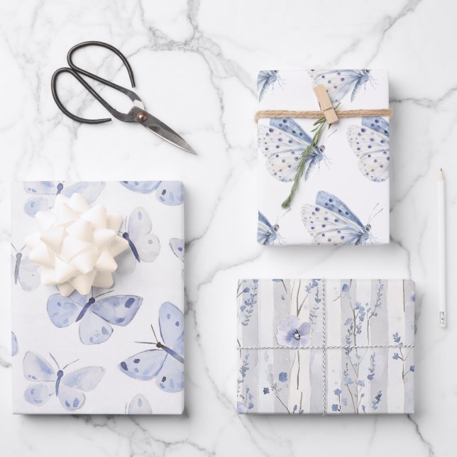 Pretty Purple White Butterflies Birthday Wrapping Paper Sheet (Front)