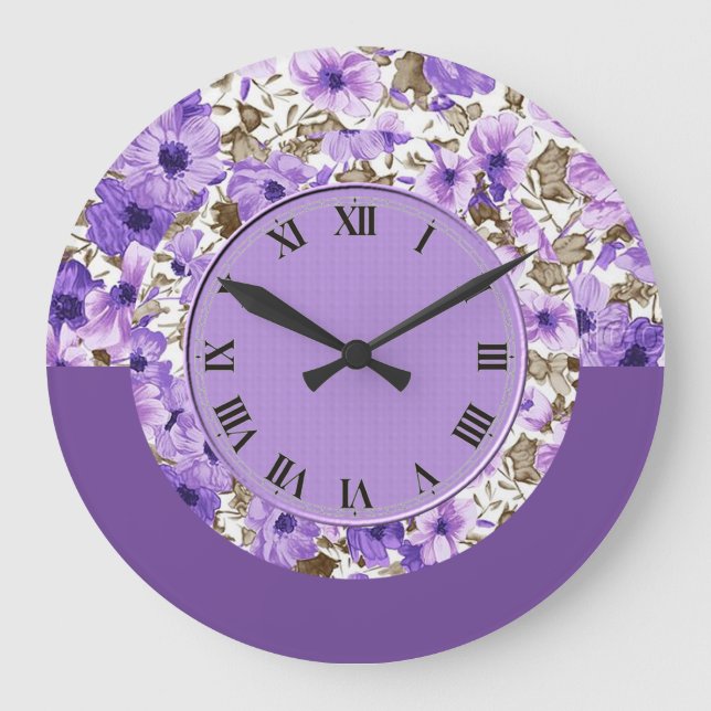 Pretty Purple & White Floral Wall Clock 2 (Front)