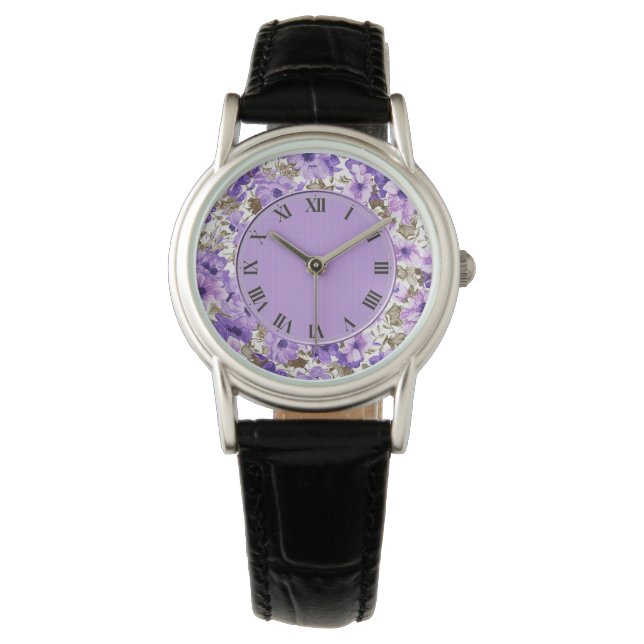 Pretty Purple & White Floral Wrist Watch (Front)