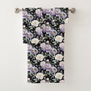 Pretty Purple White Flowers Bath Towel Set