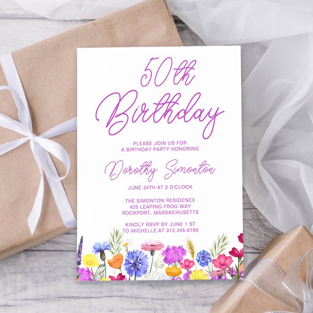 Pretty Purple Wildflower Adult 50th Birthday Invitation (Creator Uploaded)