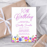 Pretty Purple Wildflower Adult 90th Birthday Invitation<br><div class="desc">A pretty wildflower border decorates the bottom of this adult 90th birthday invitation. Purple, blue, yellow and orange flowers create a colourful and happy design to celebrate this milestone birthday. Modern and simple purple calligraphy adds a trendy touch to keep it fresh. The open and carefree lettering flow coordinates perfectly...</div>