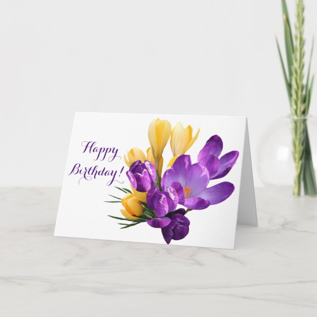 Pretty purple yellow crocus Happy Birthday floral Thank You Card (Front)