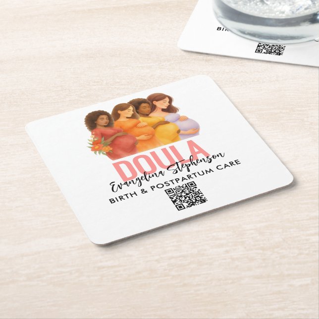 Pretty QR Code Professional Birth Postpartum Doula Square Paper Coaster (Angled)