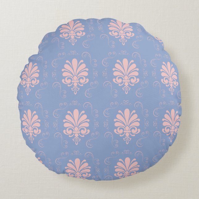 Pretty quartz serenity damask patterned round cushion (Front)