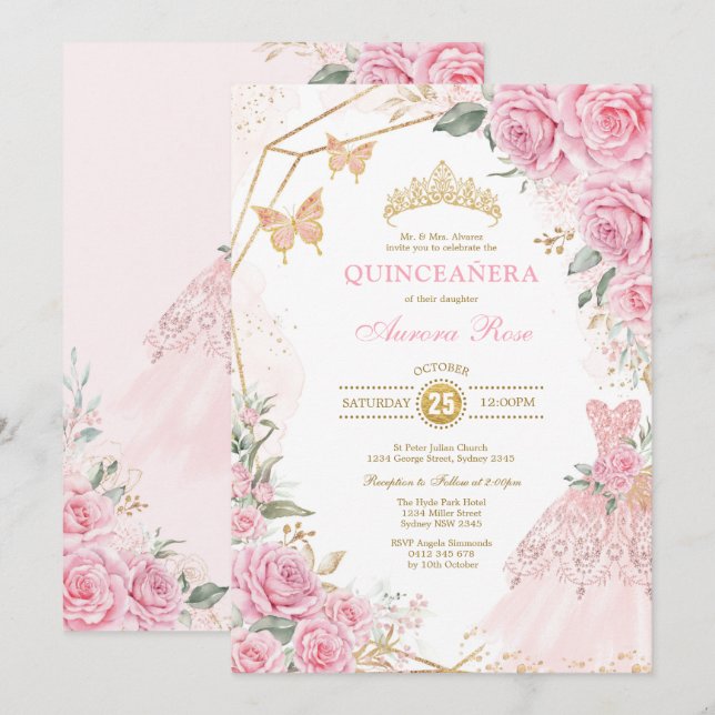 Pretty Quinceañera Pink Gold Roses Quince Princess Invitation (Front/Back)