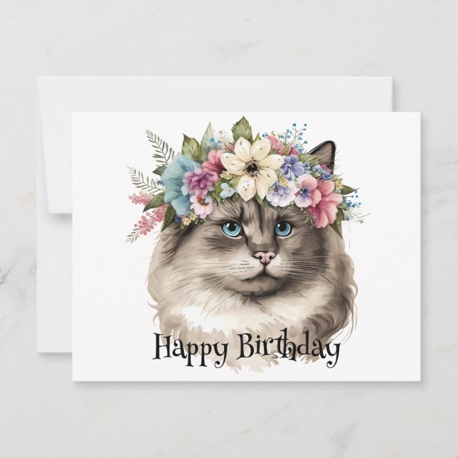 Pretty Ragdoll Cat Floral Personalised Birthday Card (Front)