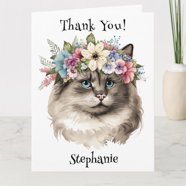 Pretty Ragdoll Cat Floral Personalised Thank You Card (Front)