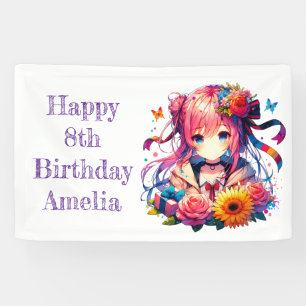 Pretty Rainbow Anime Girl Personalised Birthday  Banner