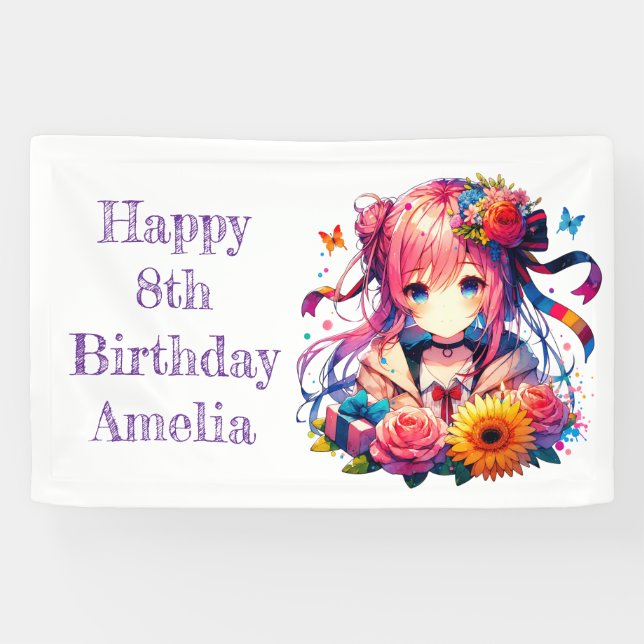 Pretty Rainbow Anime Girl Personalised Birthday  Banner (Horizontal)