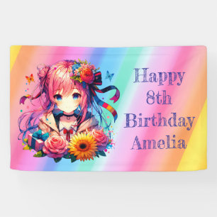 Pretty Rainbow Anime Girl Personalised Birthday  Banner