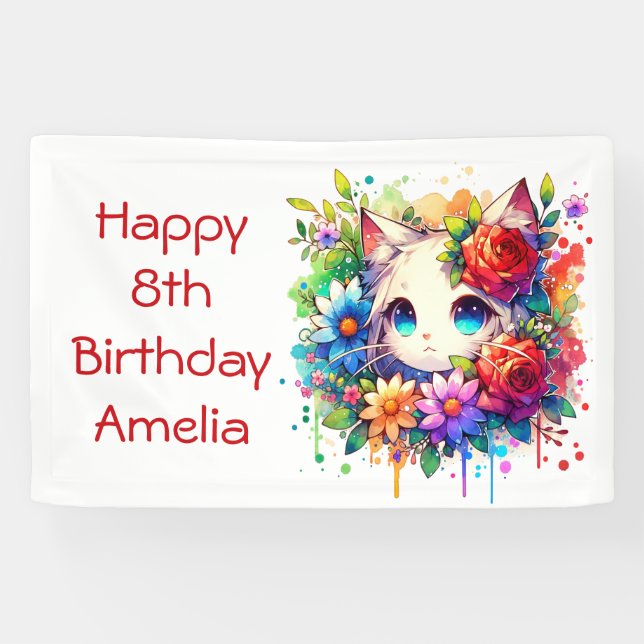 Pretty Rainbow Anime Kitten Personalised Birthday  Banner (Horizontal)