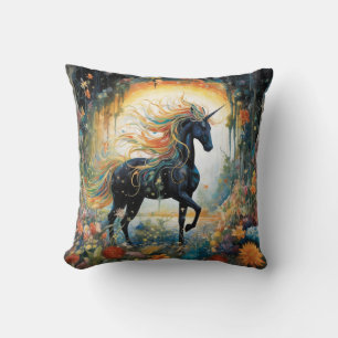 Pretty Rainbow Black Unicorn Throw Pillow for Her