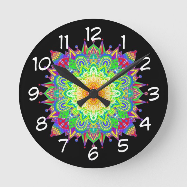 Pretty Rainbow Coloured Mandala Abstract Art   Round Clock (Front)