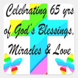 PRETTY RAINBOW CROSS 65TH BIRTHDAY DESIGN SQUARE STICKER