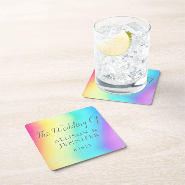 Pretty Rainbow Fade Personalised LGBTQ Wedding Square Paper Coaster (Insitu)