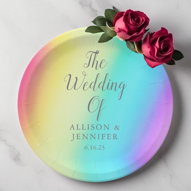 Pretty Rainbow Gradient Personalised LGBTQ Wedding Paper Plate (Creator Uploaded)
