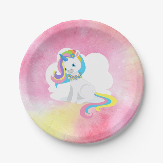 Pretty Rainbow Hair Unicorn Paper Plate (Front)