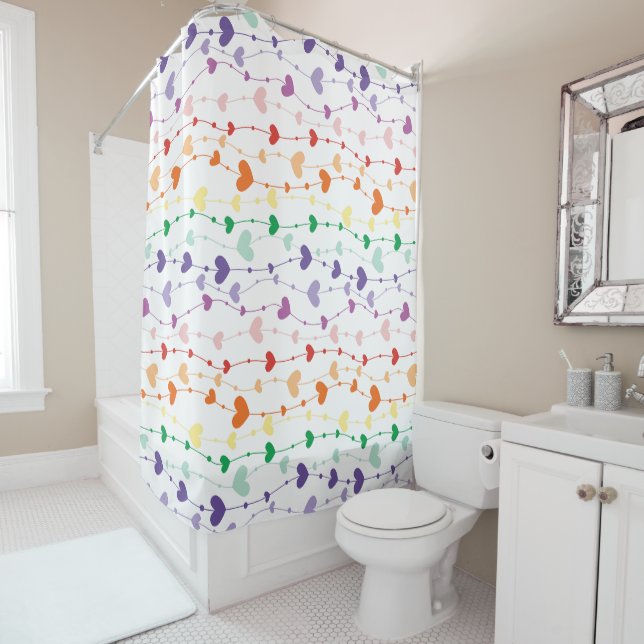Pretty Rainbow Hearts Pattern Kids Bathroom Shower Curtain (In Situ)