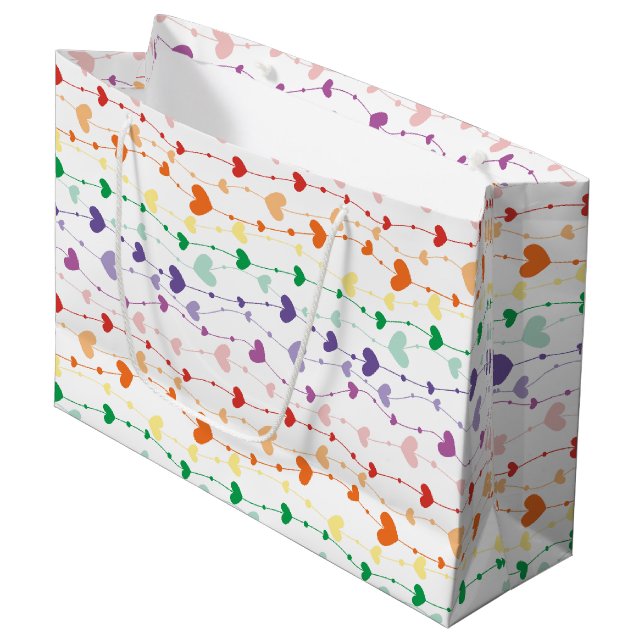 Pretty Rainbow Hearts Pattern Kids Large Gift Bag (Front Angled)