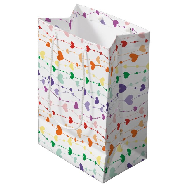 Pretty Rainbow Hearts Pattern Kids Medium Gift Bag (Front Angled)