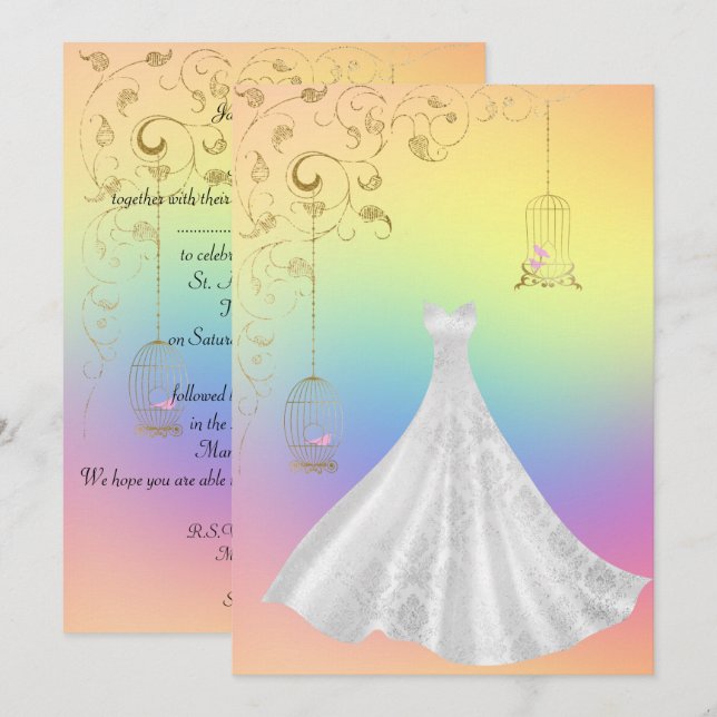 Pretty Rainbow Pastel Birdcage Wedding Invitation (Front/Back)