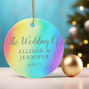 Pretty Rainbow Personalised LGBTQ Wedding Ceramic Tree Decoration