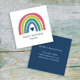 Pretty Rainbow Pink Navy Green Boho Babysitter Square Business Card