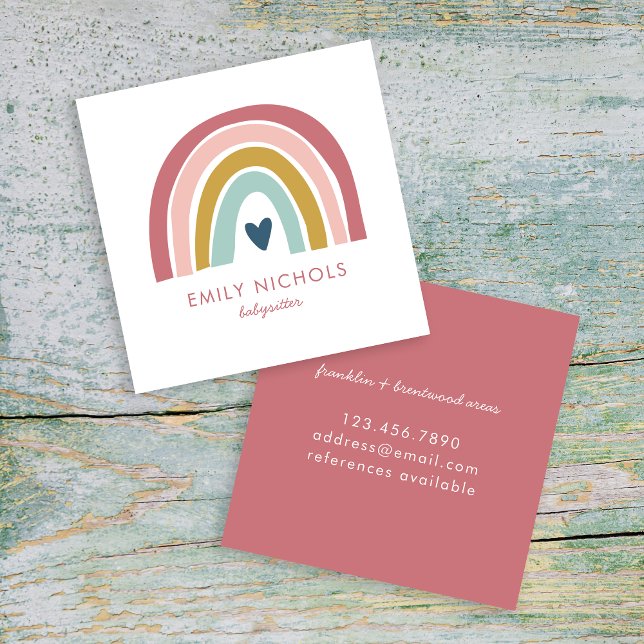 Pretty Rainbow Pink Navy Mustard Boho Babysitter Square Business Card (Creator Uploaded)