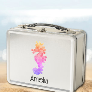 Pretty Rainbow Seahorse Personalised Metal Lunch Box