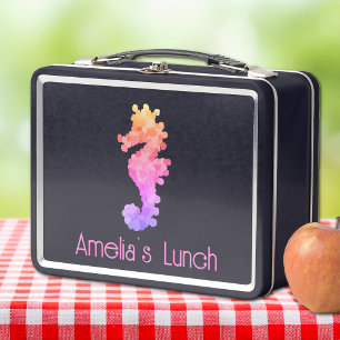 Pretty Rainbow Seahorse Personalised Metal Lunch Box