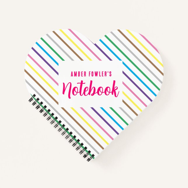 Pretty Rainbow Striped Cute White Heart Shaped Notebook (Front)