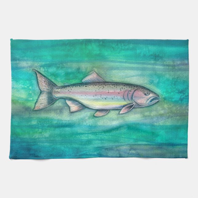Pretty Rainbow Trout Watercolor Art Tea Towel (Horizontal)