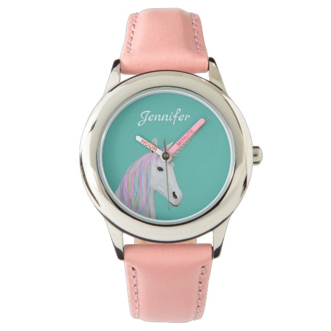 Pretty Rainbow Unicorn Custom Name Kid's Pink Watch (Front)