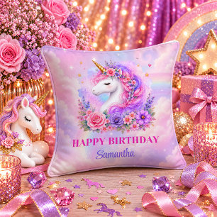 Pretty Rainbow Unicorn Girl Birthday Throw Pillow