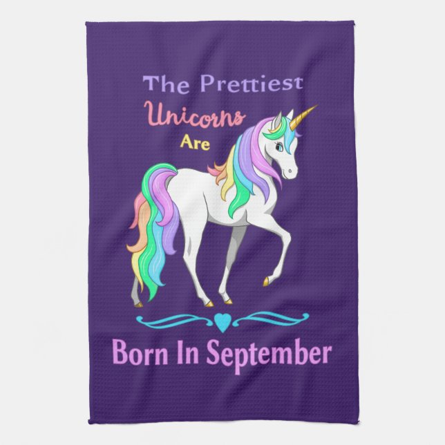 Pretty Rainbow Unicorns Born In September Tea Towel (Vertical)
