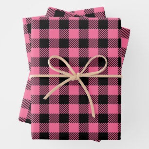 Pretty Raspberry Pink And Black Buffalo Plaid Wrapping Paper Sheet