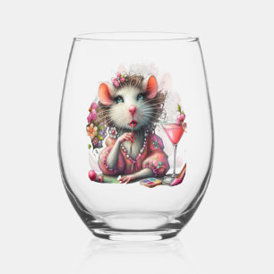 Pretty Rat Lady Having a Martini Contemplating Stemless Wine Glass