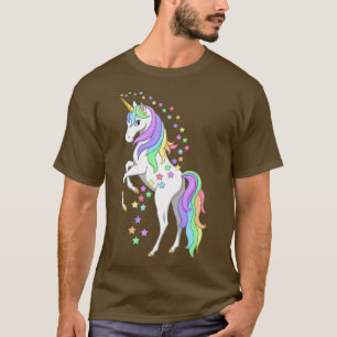 Pretty Rearing Rainbow Unicorn & Colourful Stars  T-Shirt