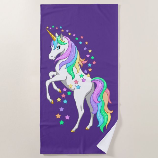 Pretty Rearing Rainbow Unicorn Falling Stars Beach Towel (Front)