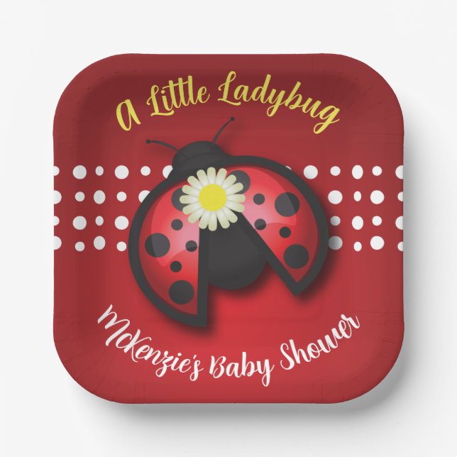 Pretty Red and Black Ladybug Daisies Baby Shower Paper Plate (Front)