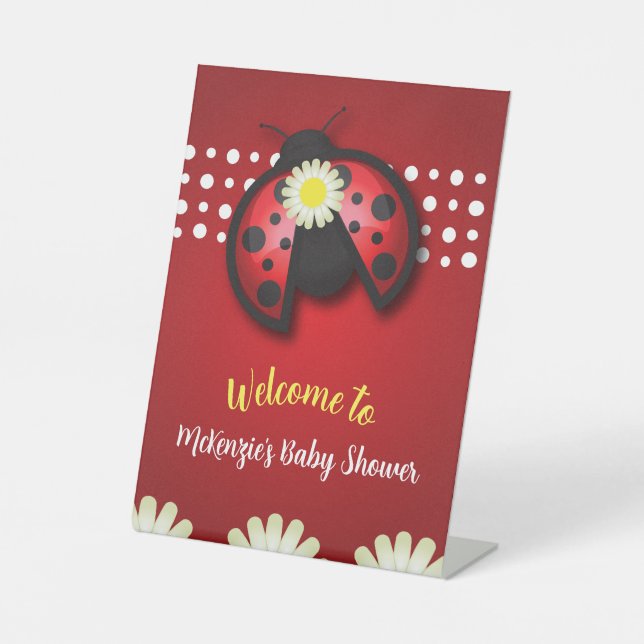 Pretty Red and Black Ladybug Daisies Baby Shower Pedestal Sign (Front)