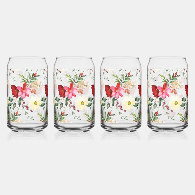 Pretty Red and Cream Florals  Can Glass (Front)